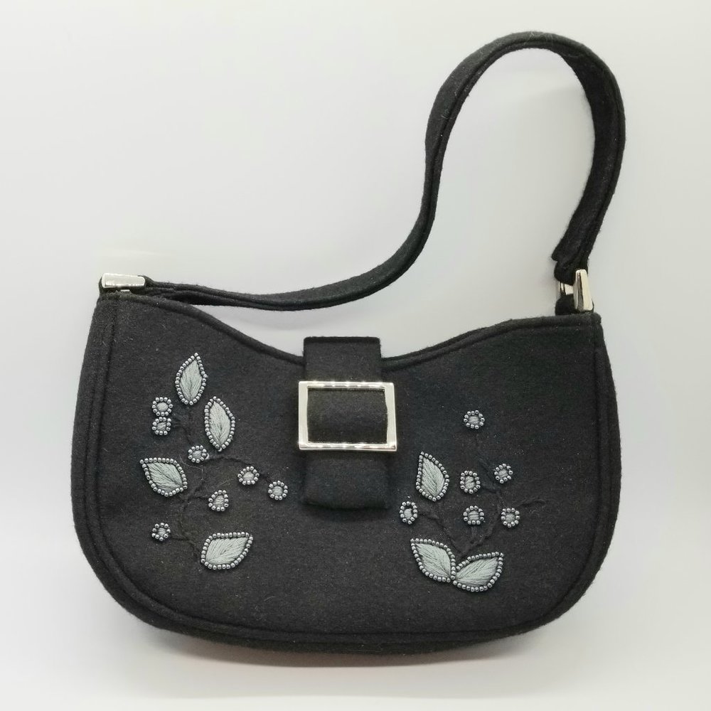 BEAUTIFUL Black Embroidered Beaded Felt Purse
